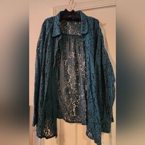 Torrid Lizzie Dark Green Button Down Floral Lace Blouse Size 3